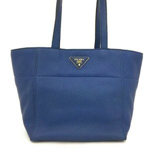 100% Authentic PRADA Logo Plate Blue Leather Tote Bag